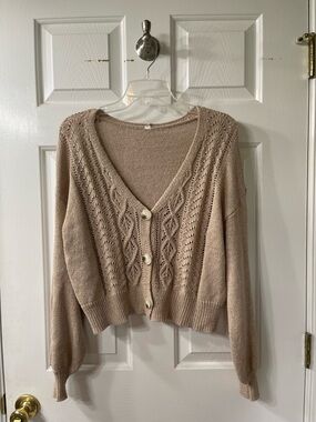 Boutique Women’s Beige Knit V‑Neck Button Cardigan Sweater